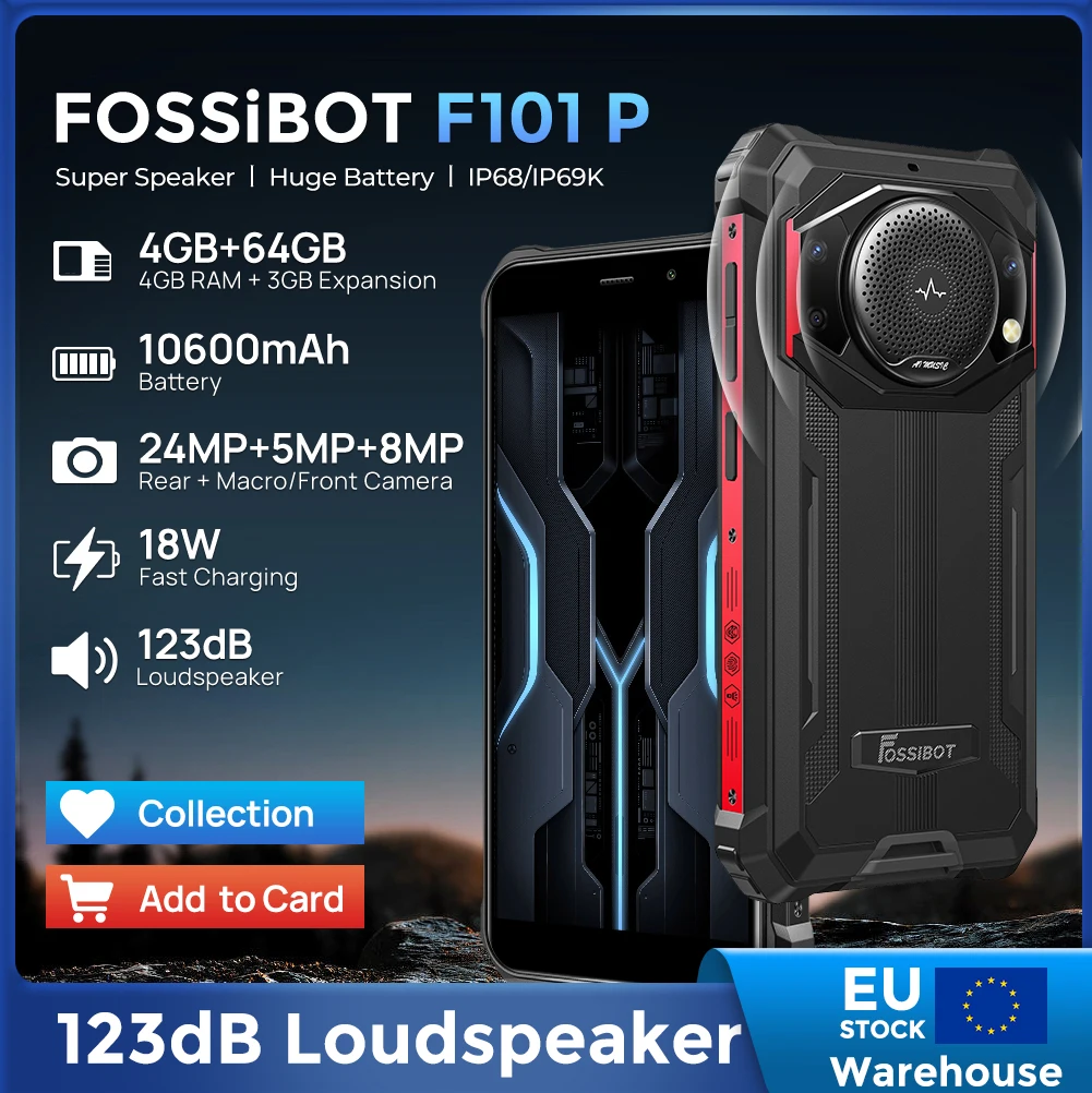 Fossibot F101P,Smartphone, Batteria Da 10600Mah, 4Gb + 64Gb,24Mp, Telefono Cellulare, Altoparlante Grande, Ip68/Ip69, Telefono Cellulare Impermeabile
