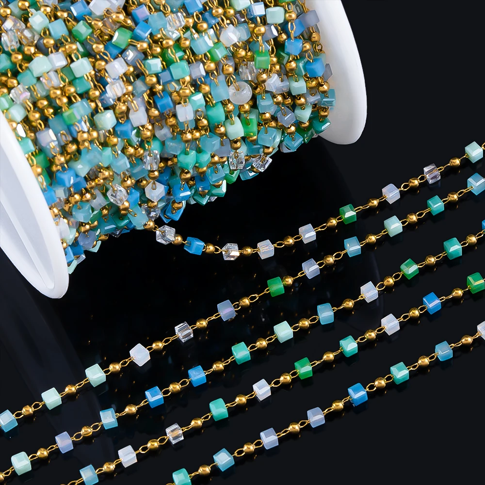 1 Meter 2,5 mm Edelstahlkette grüner Würfel quadratische Kristallperlenkette für Schmuckherstellung DIY Boho Halskette Armbänder Zubehör – Detail 4