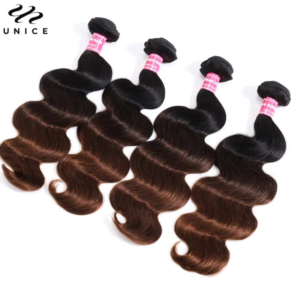 UNice Hair Ombre Brown Body Wave Bundles 4PCS With Black Root 100% Human Hair Quick Weave Traditional Sew In