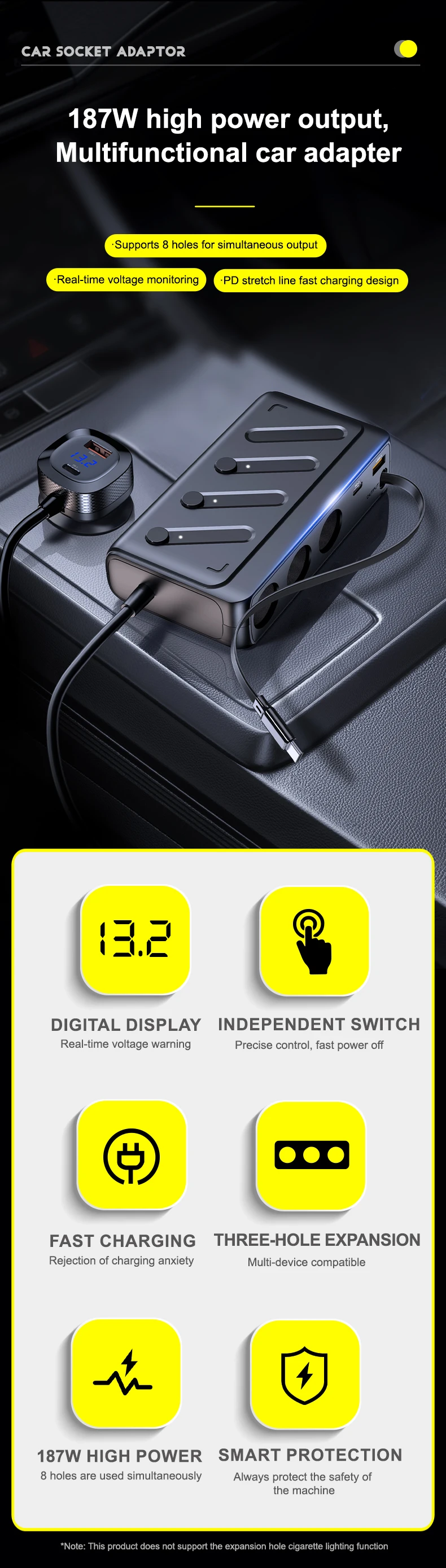 187W Cigarette Lighter Adapter 8 in 1 Cigarette Lighter Splitter 3 Socket Car C