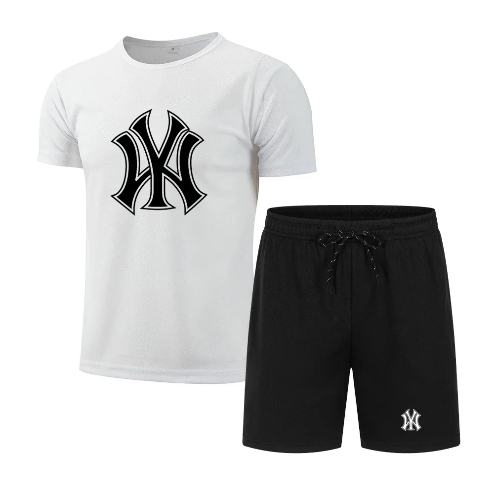 New summer men's crewneck printed T-shirt + shorts two-piece short-sleeved tracksuit quick-dry jogging fitness suit