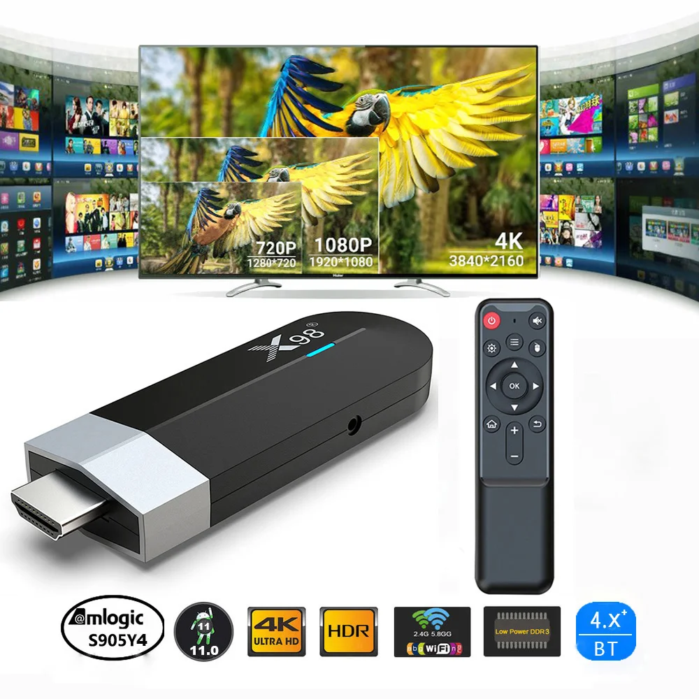 X98 S500 4K Android 11.0 Tv Stick Amlogic S905Y4 Quad Core Rom 4G 32G Mini Pc 2.4G 5G Wifi Bt4.X 1080P 4K Hd Miracast Tv Dongle