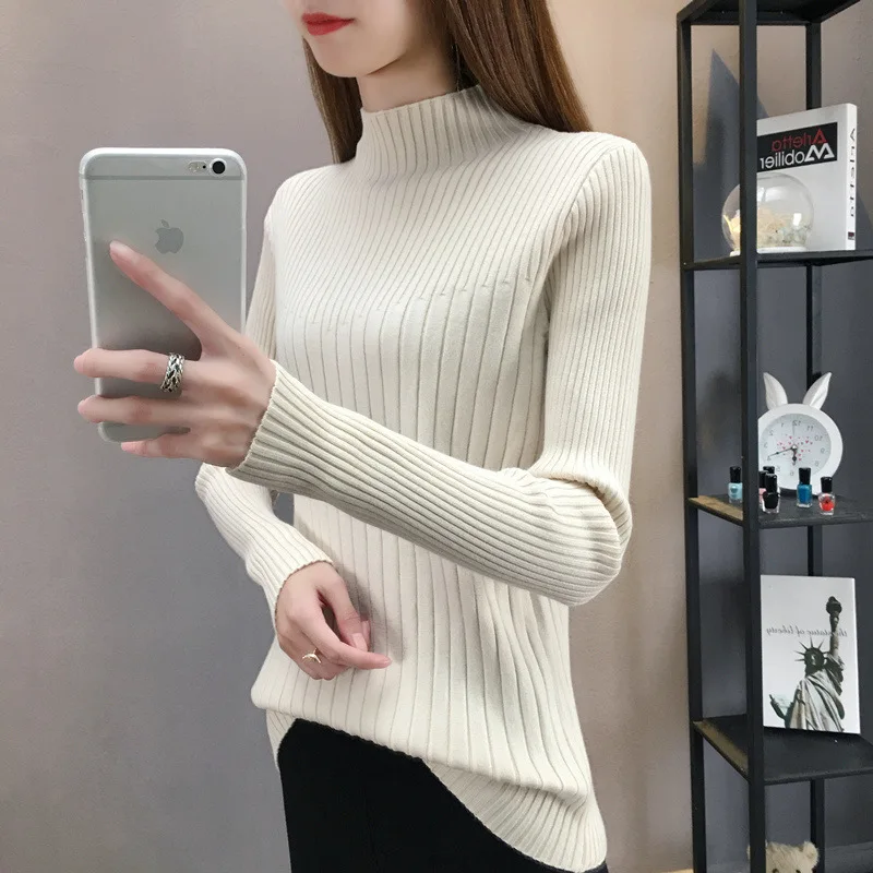 

2023 Semi-turtleneck sweater women autumn and winter new style slim build knitting undershirt women white