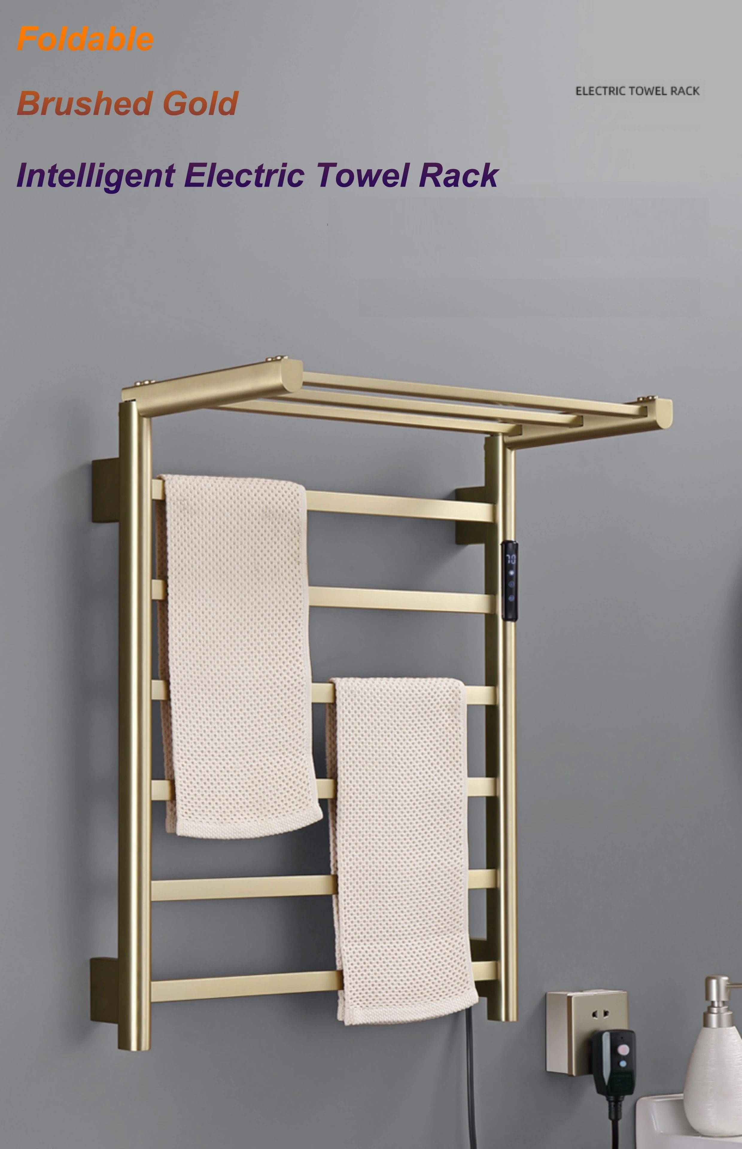 2024 ขายร้อนในรัสเซีย 110/220V Brushed Goldพับชั้นวางผ้าเช็ดตัวไฟฟ้า 304 สแตนเลสผ้าเช็ดตัวอุ่นRackสําหรับห้องน้ํา 1