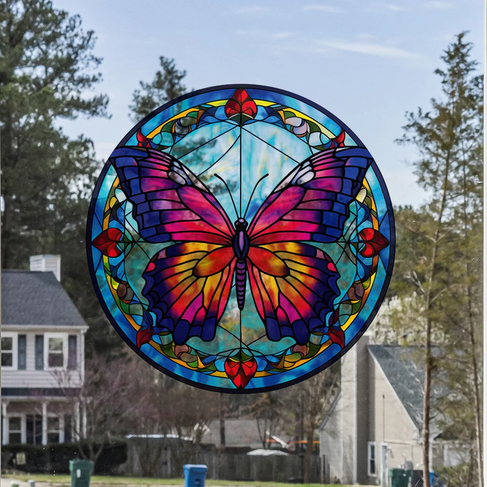 Retro Colorful Stained Hummingbird Butterfly Flower Window Glass Electrostatic Stickers Removable Anti-collision Decorative Film