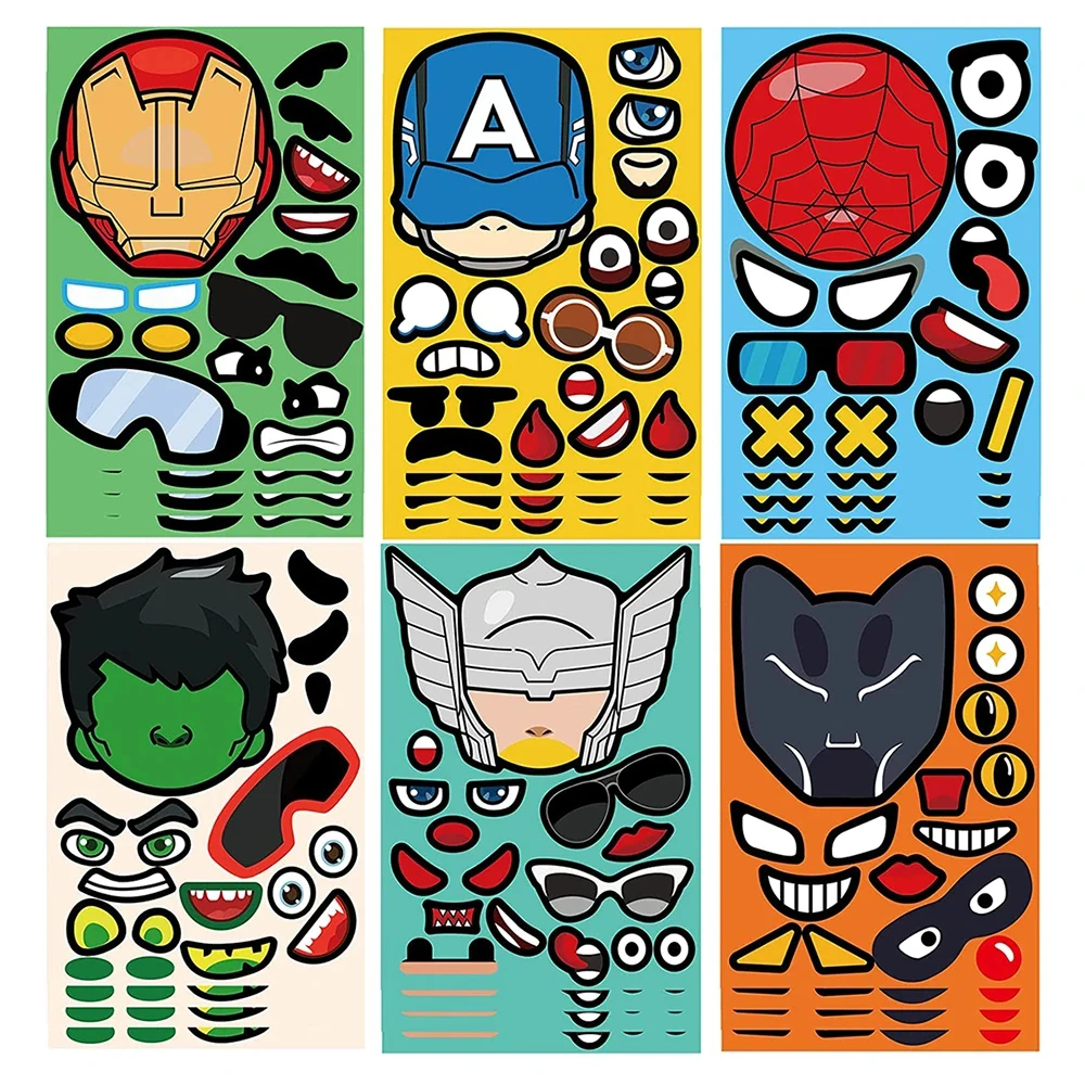 6/12Sheets Disney Anime Super Hero Puzzle DIY Make a Face Sticker Books Set for Kids Cute Cartoon Sticker Funny Gift for Kids