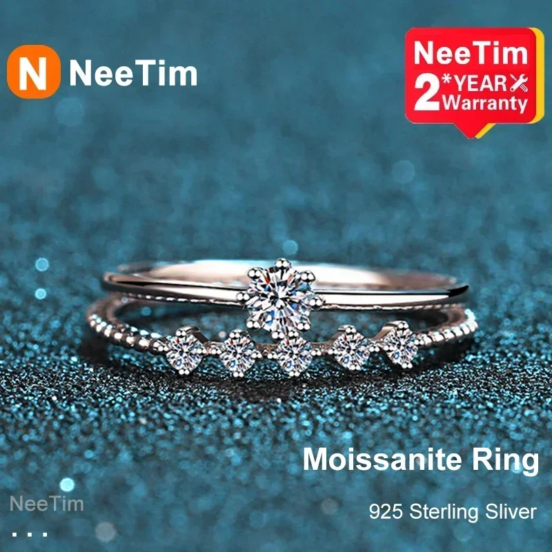 Neetim 3Mm Anello Moissanite Set Argento 925 Taglio Brillante 0.1 Carati Test Diamante Passato D Colore Moissanites Anelli Gioielli Originali