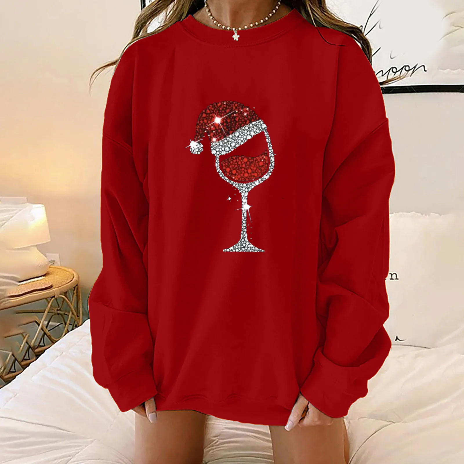 

Wineglass Printed Sweatshirt For Women Stylish Crew Neck Sweatshirt Basic Pullover Oversized Loose New In Sweatshirts Y2k Tops