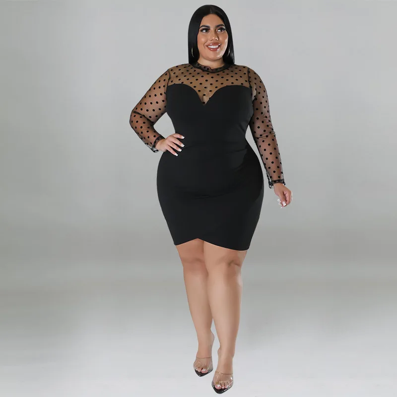 

Plus Size Sexy Party Dress Female Dot Mesh See Through Cloth Evening Luxury Mini Outfit 2024 Spring Elegant Pretty Women Dress