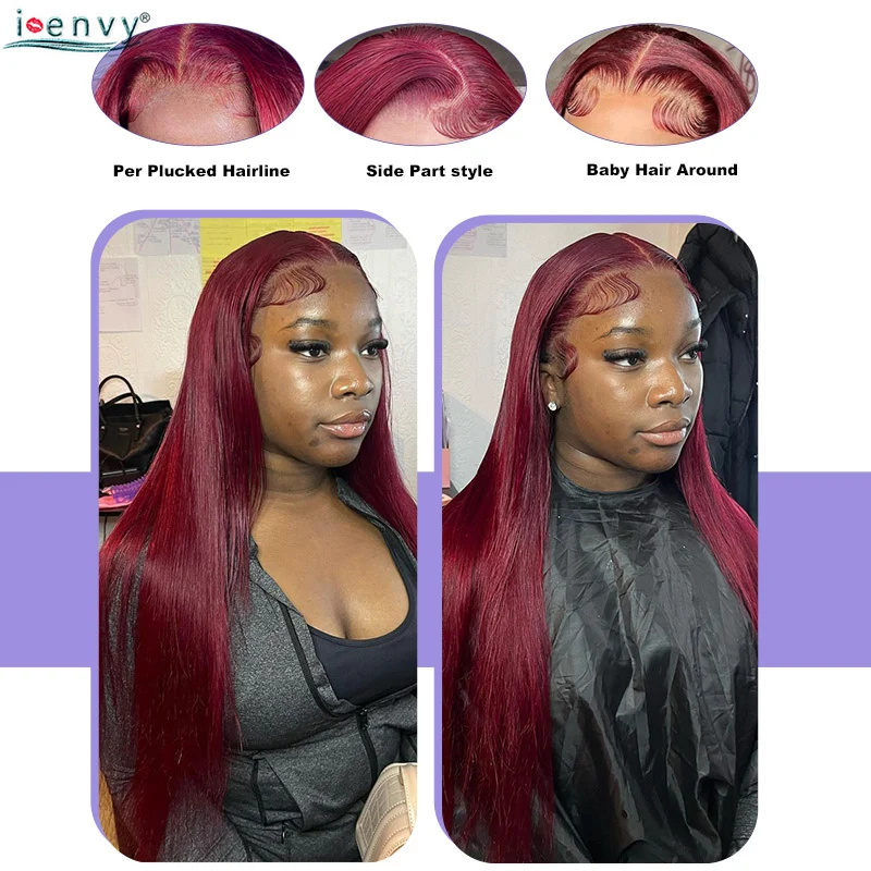 99J 버건디 본 스트레이트 레이스 프론트 인모 가발 13X4 13X6 인모 30 32인치 와인 레드 컬러 레이스 프론트 가발 프리플럭드