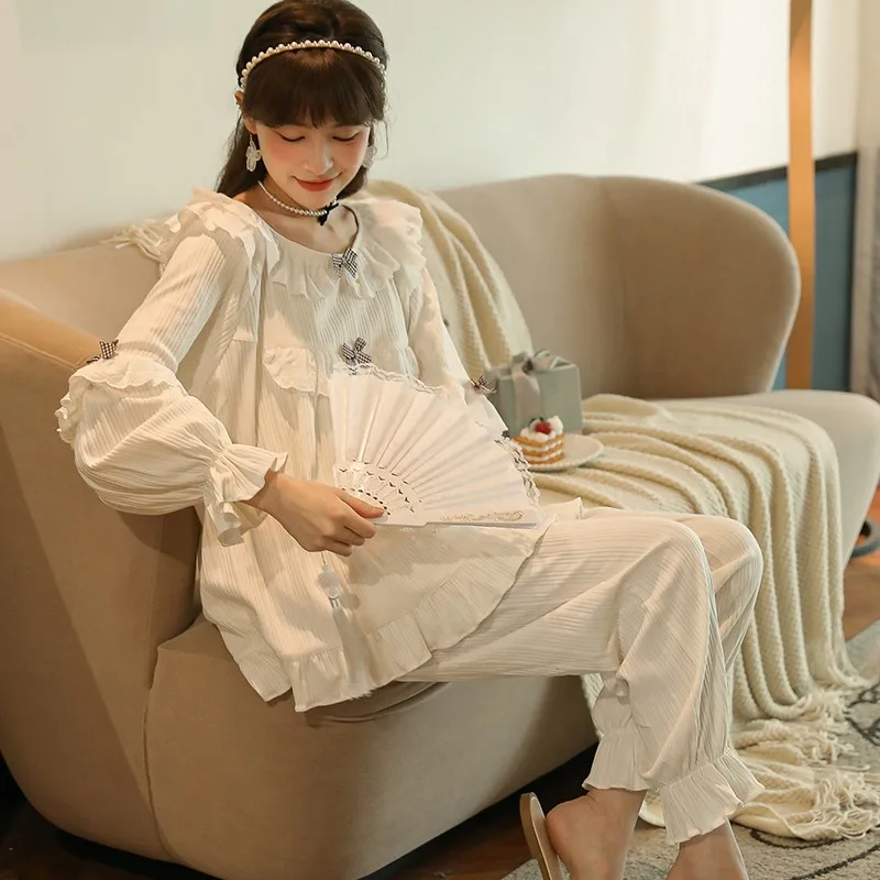 Spring, Autumn and Winter Women's Pajamas Knitted Cotton Solid Korean Style Square Neck Women's Suit Evening Dress Home Wear