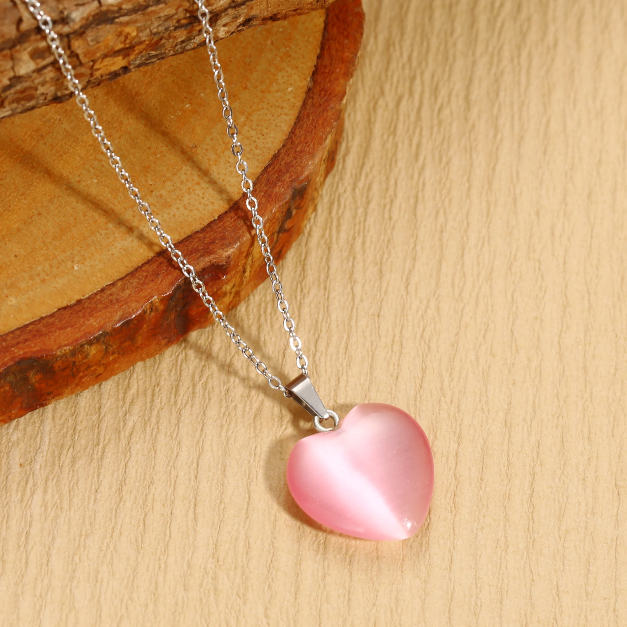 PinkNaturalStoneOpalQuartzHeartPendantNecklaceStainlessSteel