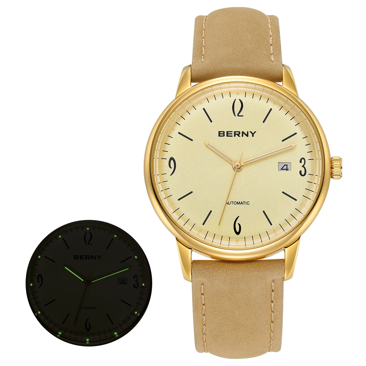 BERNY Luminous Men Mechanical Watch Sapphire Calendar Leather Watches 5ATM Waterproof High Precision Miyota 9015 Male Wristwatch