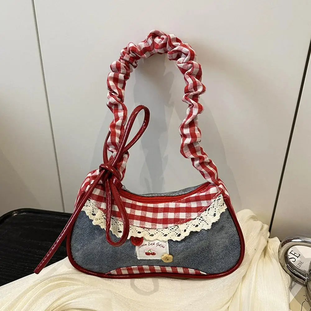 Borsa Hobo in Denim con Decorazioni in Pizzo a Quadretti, Borsa a Tracolla con Fiocco e Cuore, Borsetta Crossbody per Ragazze Stile Y2K - immagine 4