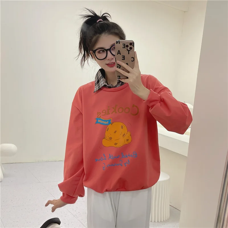 Fake Two Piece Pullovers Japan Style Cotton Graffiti Lapel Loose Casual Sweatshirts Spring Autumn Fashion Thin Long Sleeve Tops