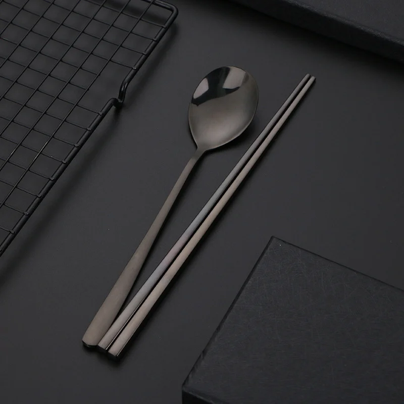Korean stainless steel food chopsticks spoon set long handle non-slip dessert tableware stainless steel cutlery set