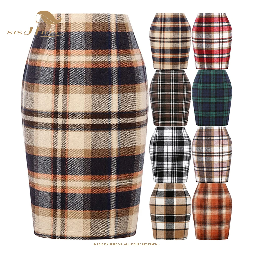 

Autumn Winter Plaid Wool Wrap Skirt High Waist Bodycon Vintage Office Pencil Skirt For Women Back Zipper Slit Midi Skirt VD3594