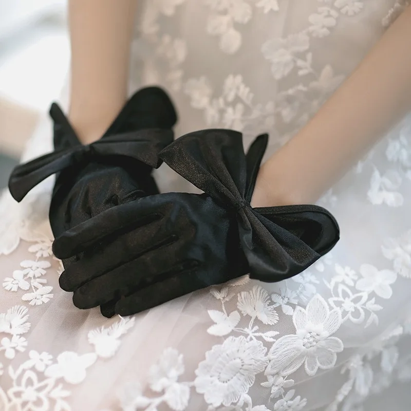 Women Short Full Fingers Bow Wrist Elegant White Ivory Satin Bridal Wedding Gloves Dress Accessories Prom Dancing Dinner