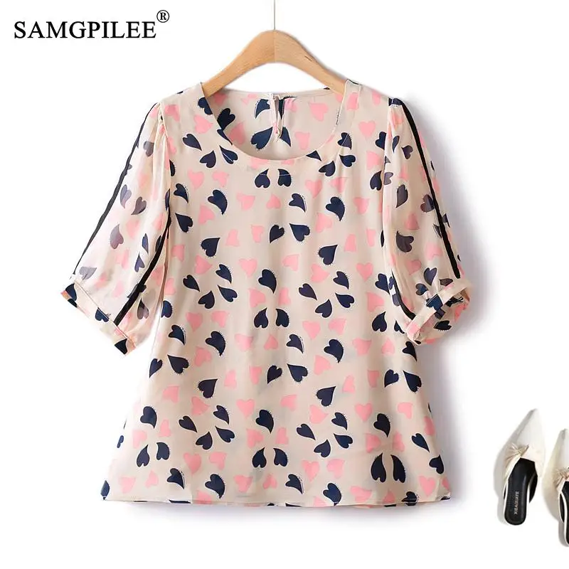 

Блузка женская шифоновая с круглым вырезом, милая стильная рубашка с рукавом до локтя, с персиковым сердечком, модный топ в Корейском стиле, лето 2023