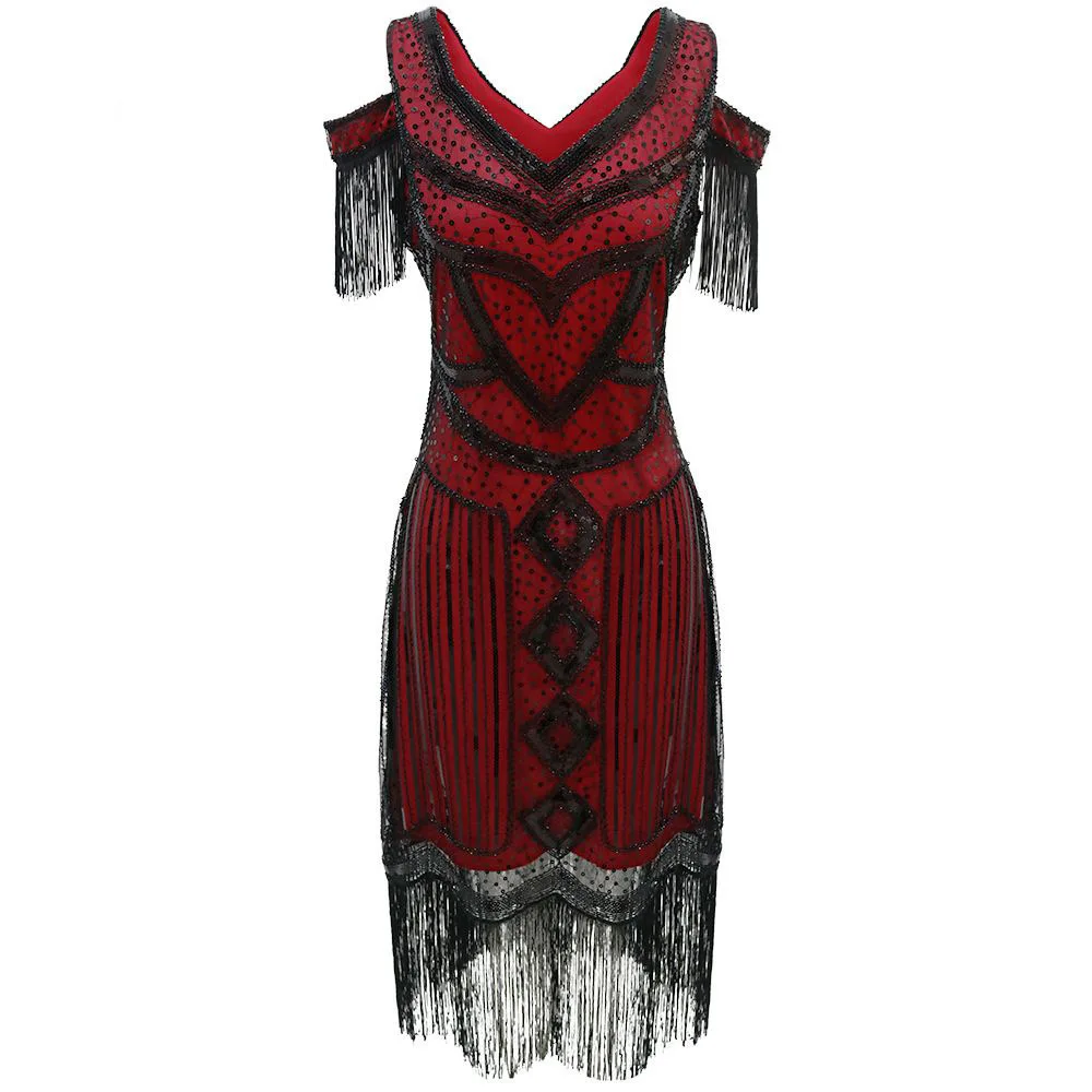 1920s Gatsby Ball Heavy Industry Embroidery Beading Retro Sequin Skirt Banquet Dress Cocktail Party V Dress