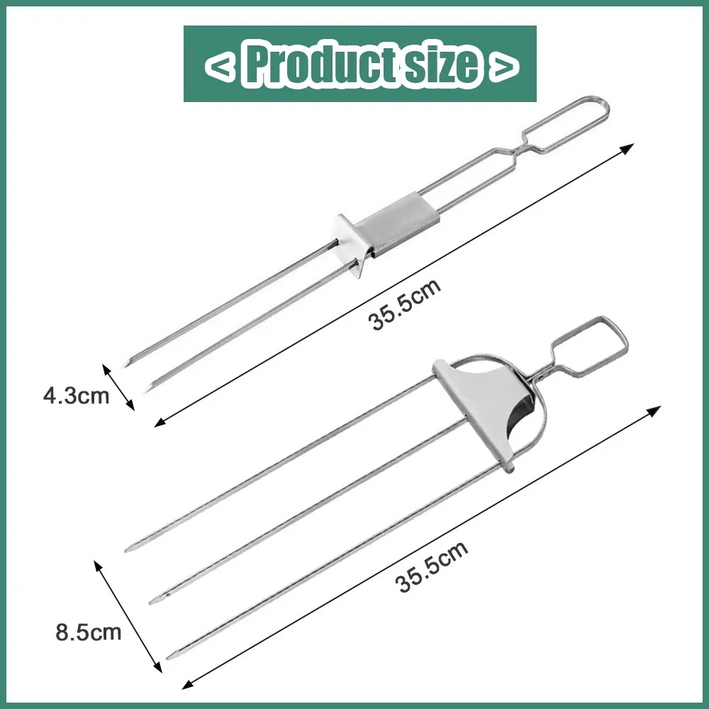 3 Way Grill Skewers Shrimp Skewers For Grilling Stainless Steel Reusable Semi-Automatic BBQ Fork 2 Way Kebab Stick Kitchen Tools