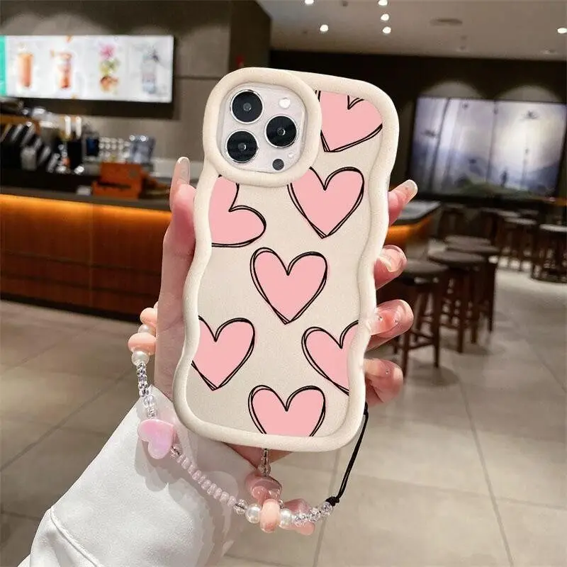 Heart Design Phone Case with Bracelet Chain and Soft Candy Wave Edge