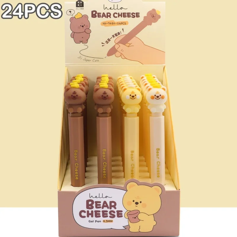 

24pcs/Box Cute Bear Cheese Gel Pen Cartoon 0.5mm Black Ink Neutral Pen Signature Pen Student Writing Stationery Supplies