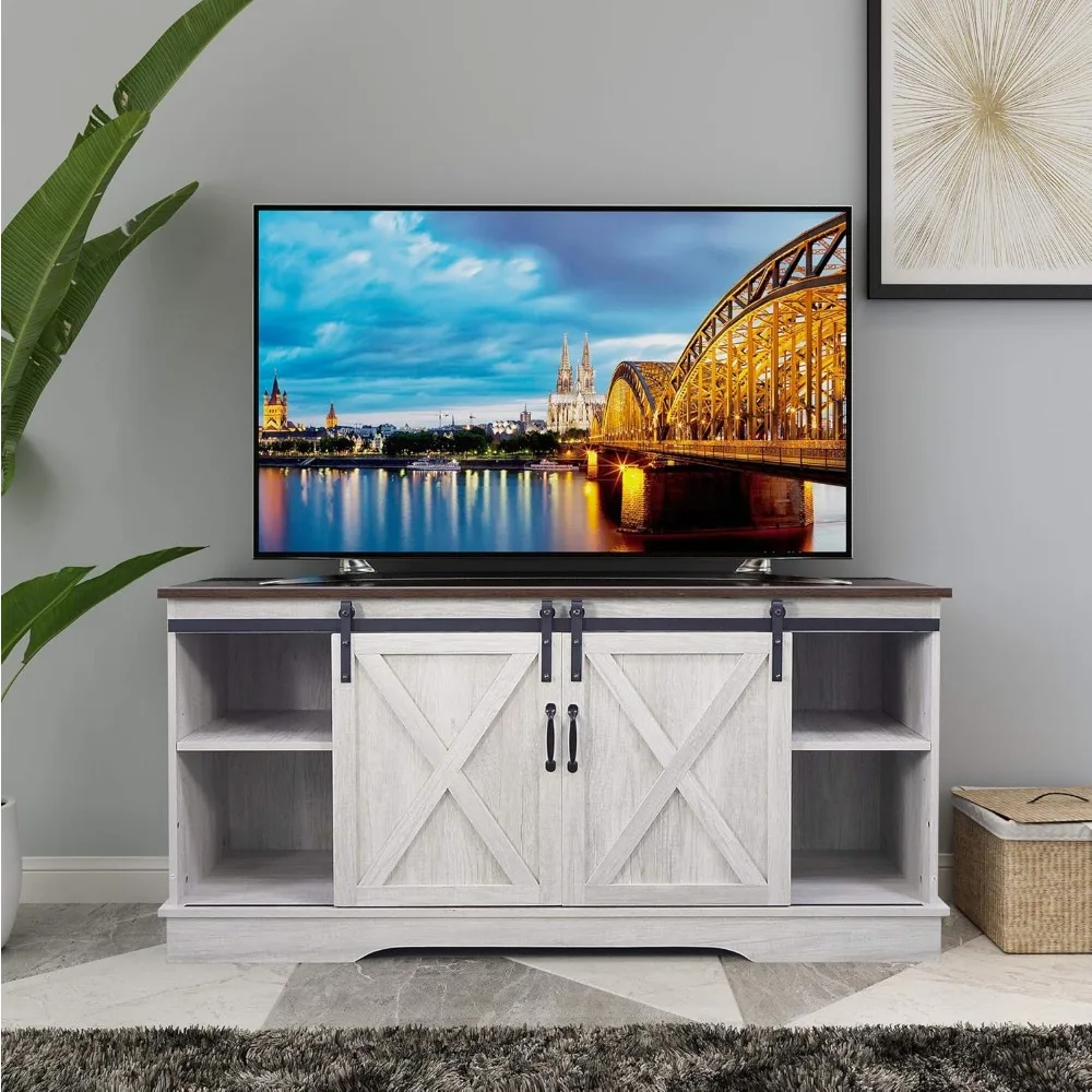 TV Stand, Storage Cabinet with Sliding Barn Doors and Adjustable Shelves, Modern 28”H, Sargent Oak 2