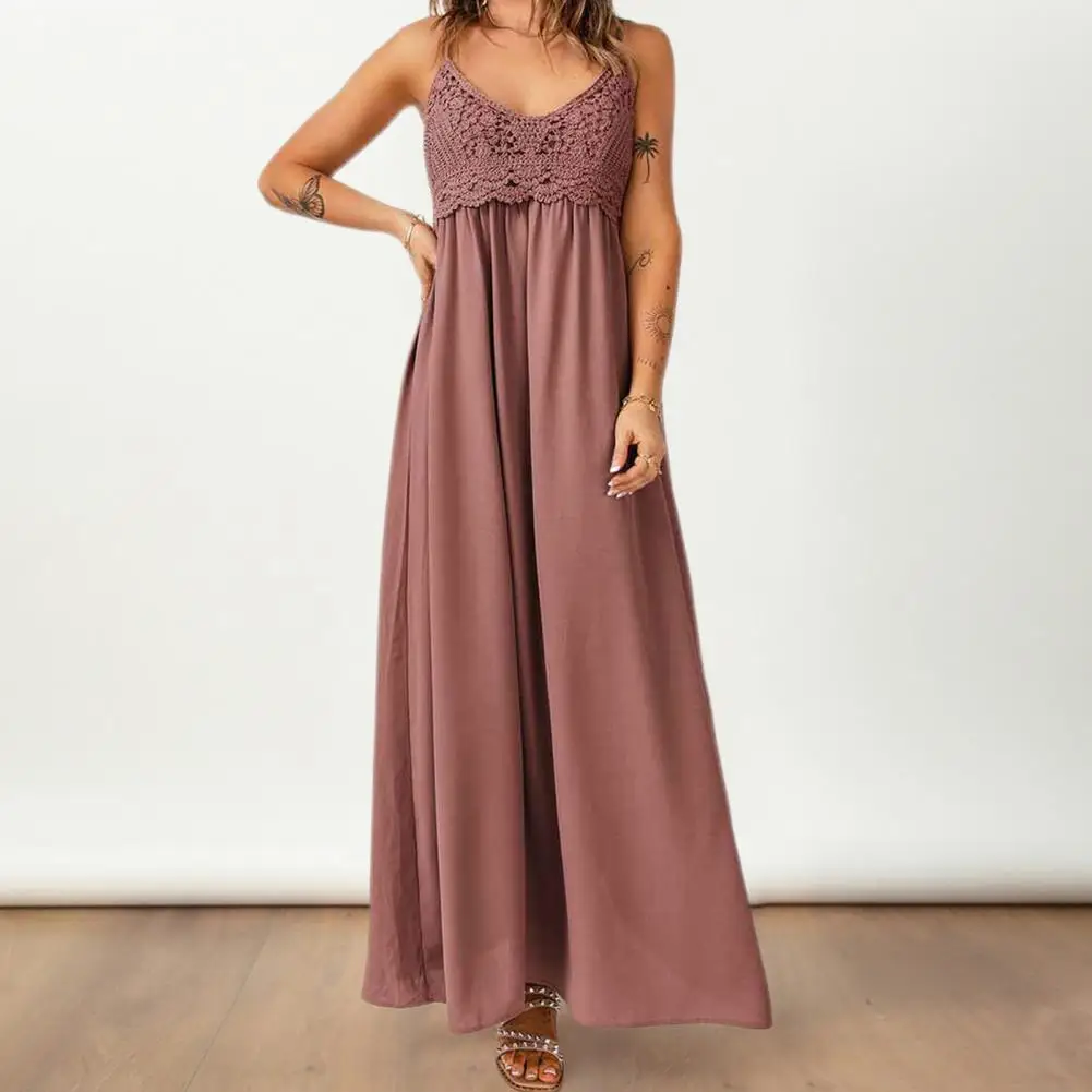 

Casual Loose Fit Dress Elegant V Neck Lace Maxi Dress with Adjustable Spaghetti Straps Women's Summer Beach Slip Dress