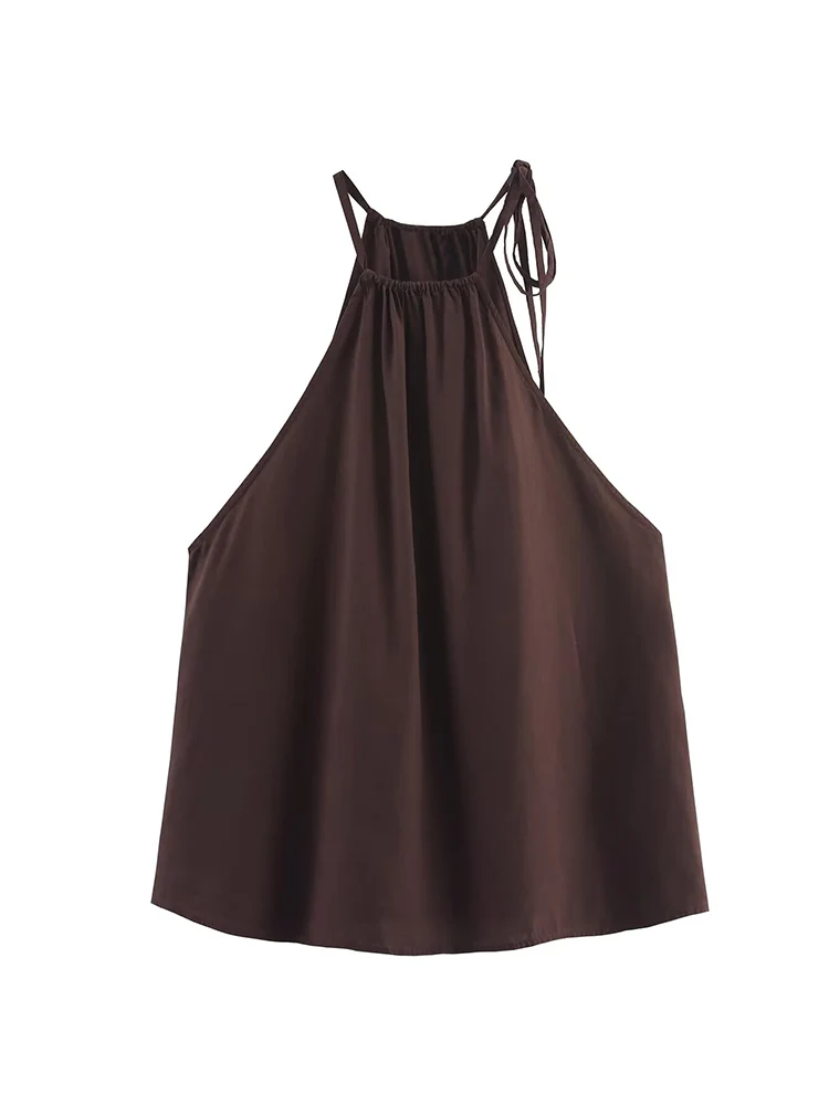 TFMLN Casual Pant 2 Piece Set For Women Halter Lace Up Tops+Drawstring Wide Leg Calf-length Pants Simple Solid Summer Suits