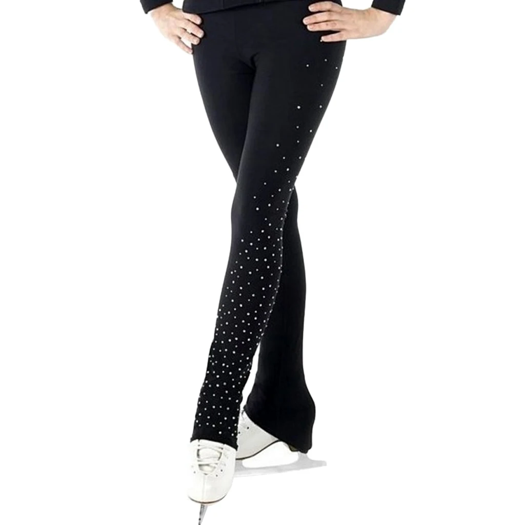 Womens Girls Ice Figure Skating Practice Long Pants Skate Footless Tights Leggings Black with Crystal