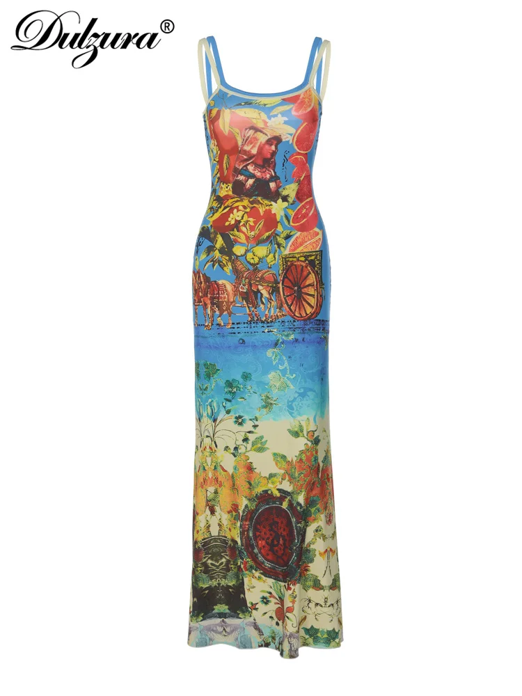 Dulzura 2023 Sommer Frauen Maxi Print Kleid sexy Spaghetti träger Streetwear Festival Kleidung Party Fitness für Frauen Grafik