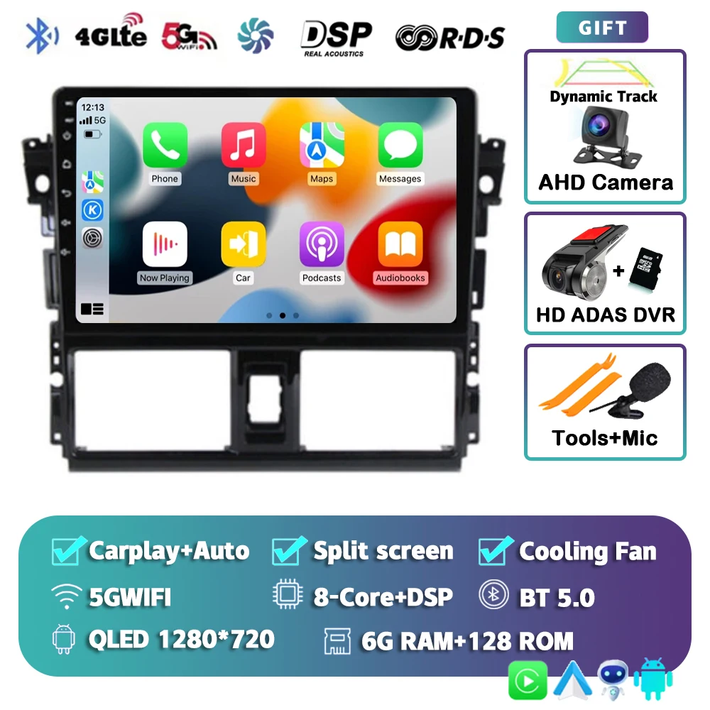 thumbnail image 1 of Radio con Android 14 para coche, reproductor multimedia con navegación, estéreo, WIFI, 4G, 2DIN, DSP, para Toyota Vios Yaris 2013, 2014, 2015, 2016, 1 of 5