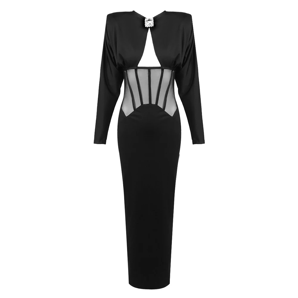 Elegant Black Mesh Corset Long Dress for Women – Long Sleeve High Shoulder Gown with Cut Out and Crystal Brooch платье женское