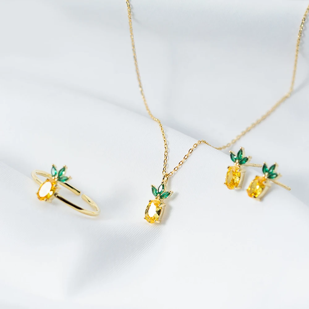 

925 Silver Ladies Necklace Ring Earrings Jewelry Set Small Fresh Pineapple Pendant Temperament Cute Fruit Clavicle Chain Jewelry