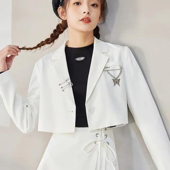 여성용 나비 체인 크롭 블레이저, 단색 짧은 JK 코트 정장, 긴 소매 얇은 블레이저, 2023 패션