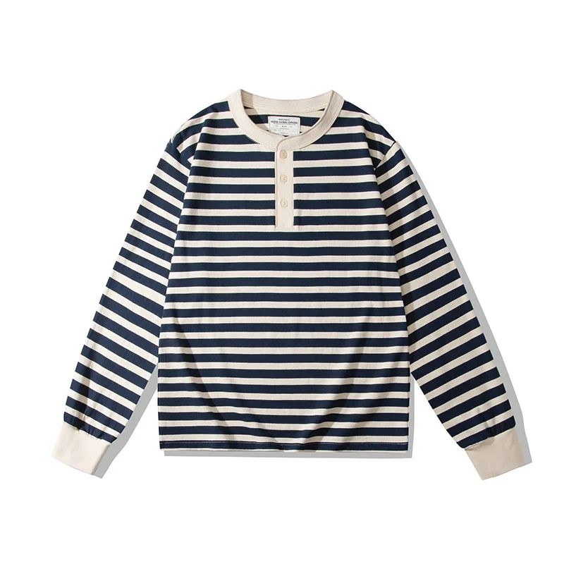 OKONKWO 230g Heavy Weight Long Sleeve Striped Henry Collar T-shirt Deck Shirt TEE Outdoor Trekking Travel Fitness Sports Clothes sport t shirt,long sleeve t shirt