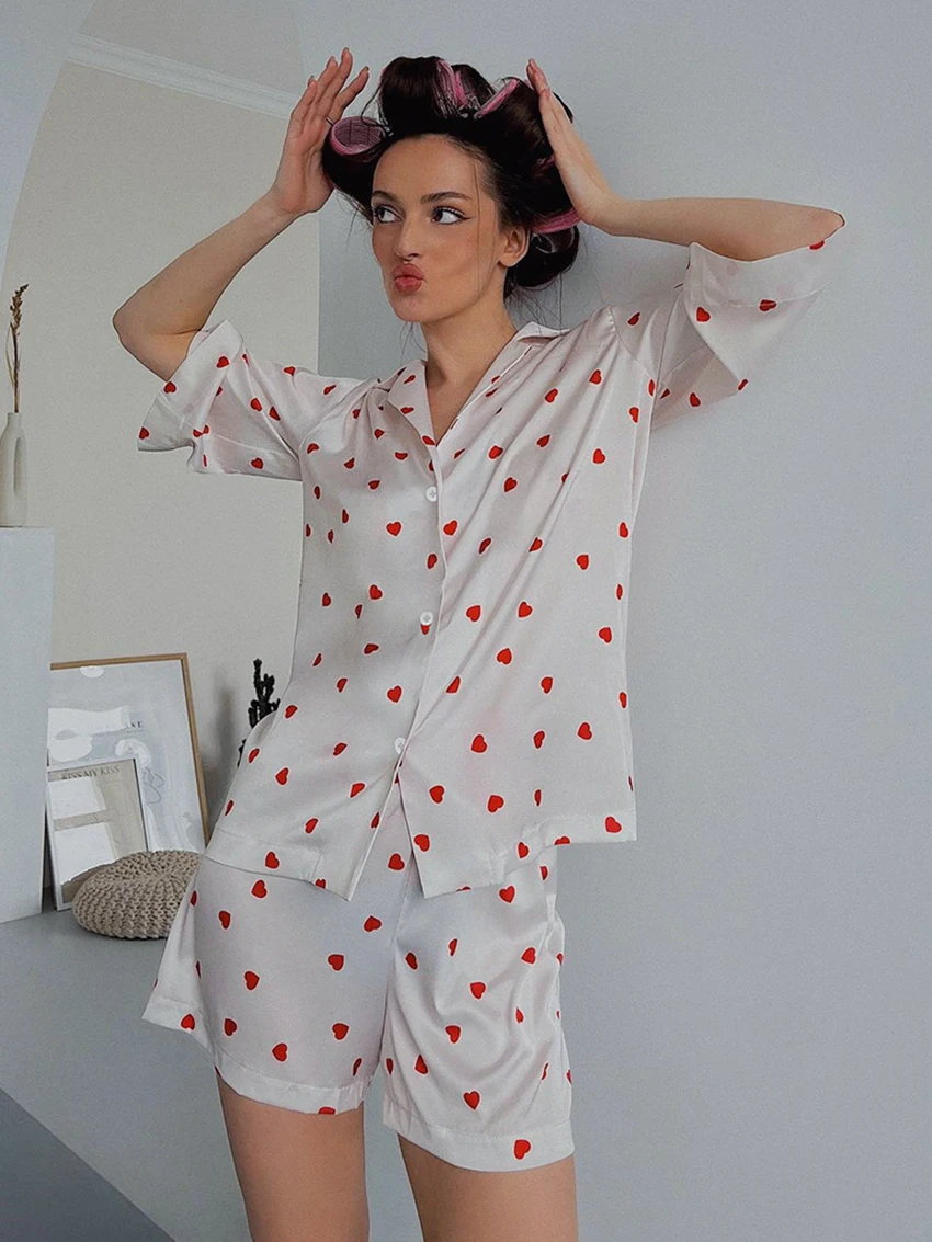 Marthaqiqi Printing Women'S Sleepwear Suit Three Quarter Sleeve Pajamas Turn-Down Collar Nightgowns Shorts Ladies Nightwear Set