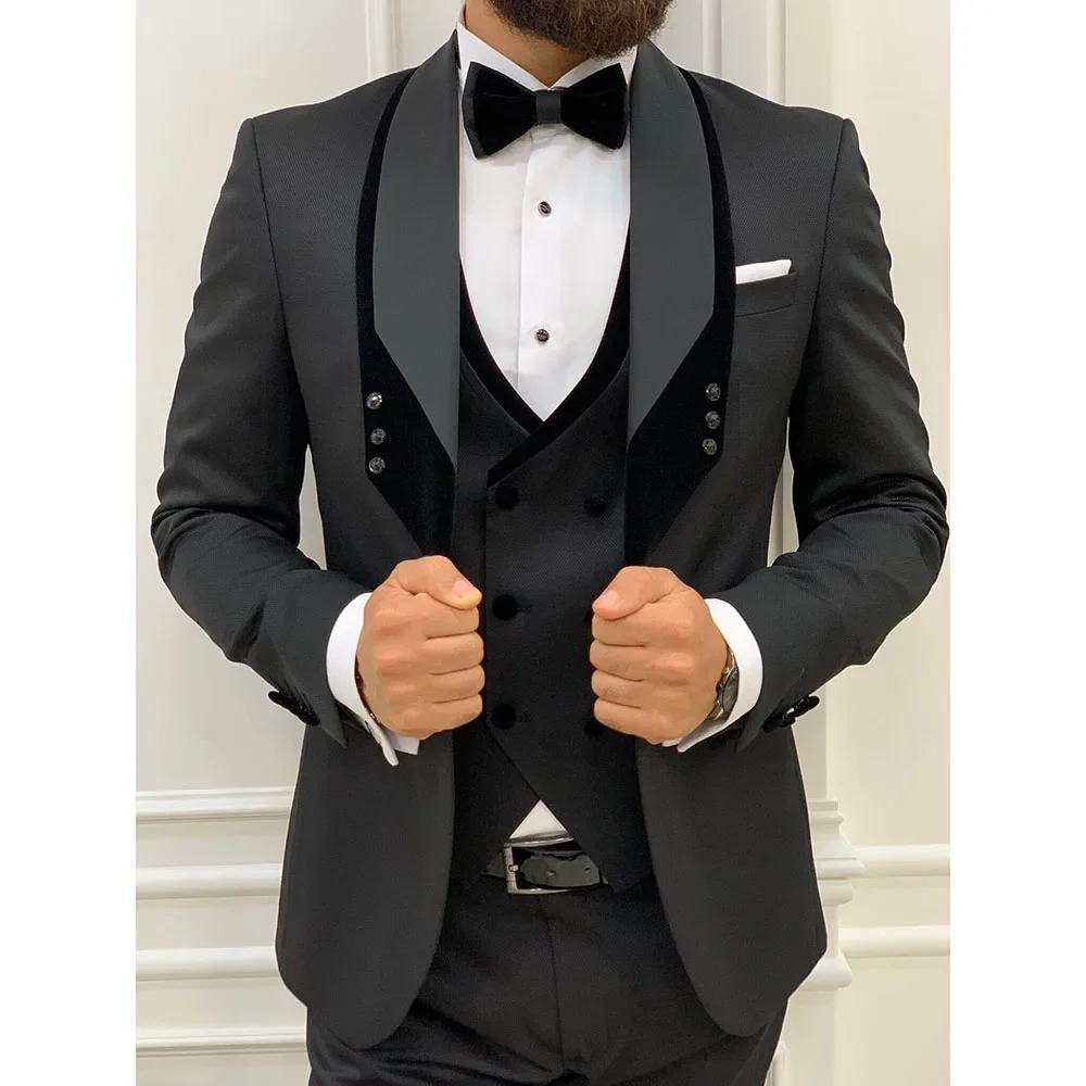 

2024 New Costume Homme Men's Suit 3PCS Set Slim Fit Wedding Groom Tuxedos Blazer Black Gray Fashion Itlian Style Party Suits