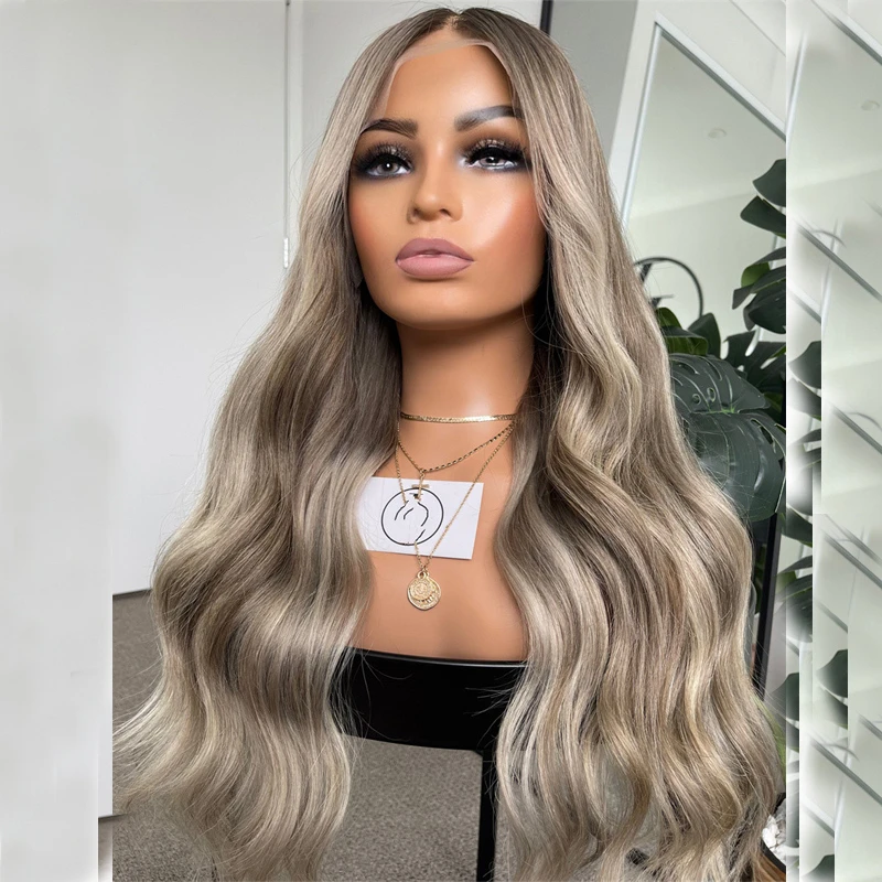 Synthetic Wig Lady Ash Grey Highlight Blonde Lace Front Balayage Body Wave PrePlucked Hairline Heat Resistant