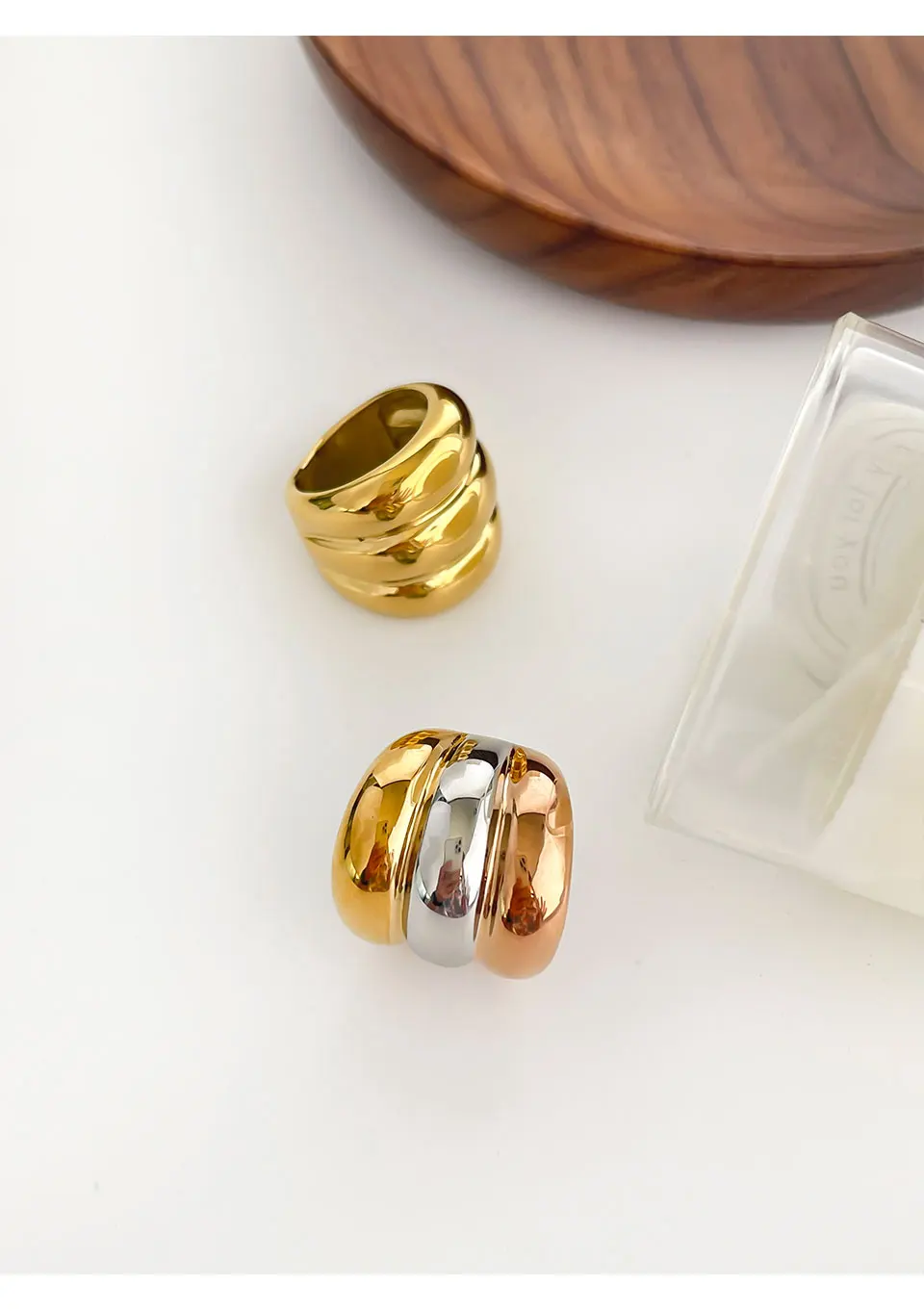 GHIDBK Golden Silver Color Rose Golden 3 Splicing Color Chunky Dome Rings Women Trendy Romantic Waterproof Jewelry Party Gift