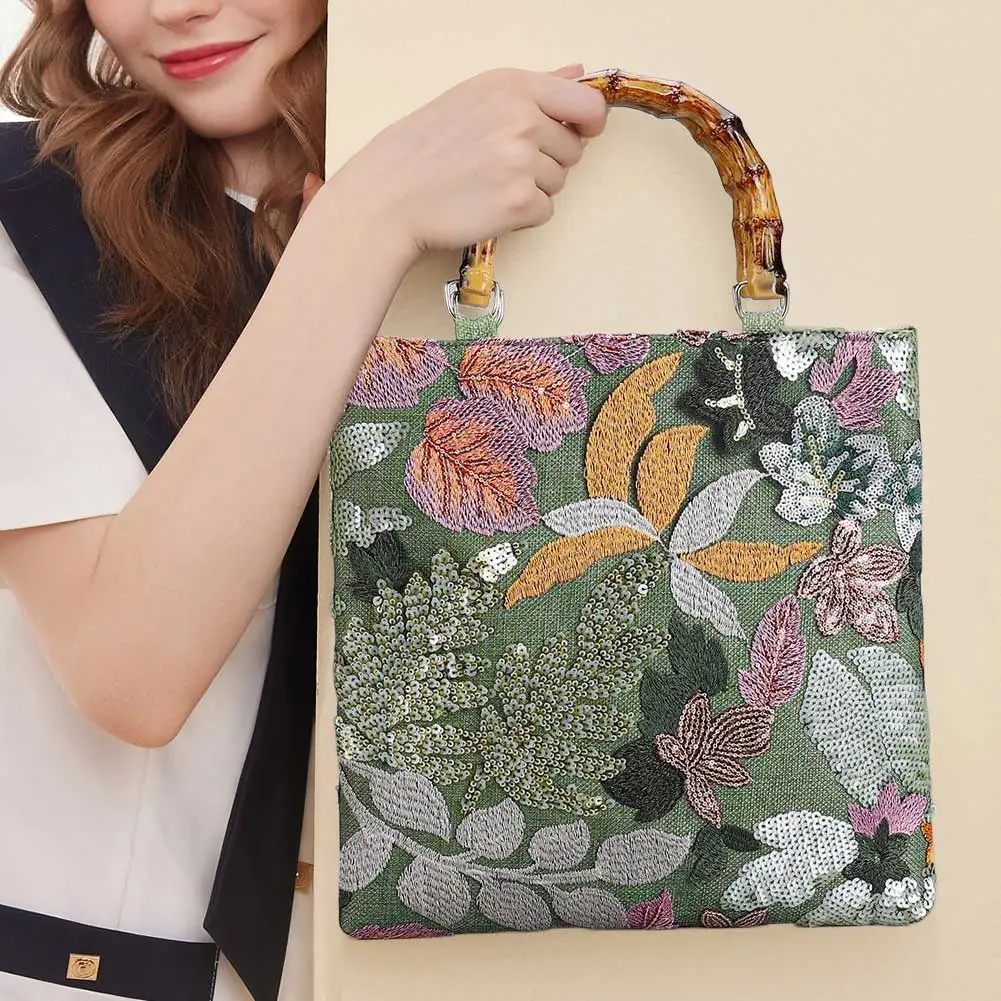 Floral Embroidery Sequin Tote Bag Bamboo Handle Bohemian Handbag Vintage Shopper Purse for Women Work Shopping Travel