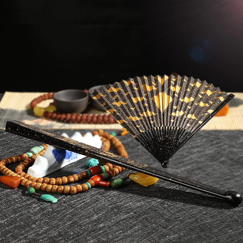 

India Lobular Red Sandalwood Folding Fan Gold Collection Gift Fan Men's domineering Craft Fan Daily Home Decoration Collection