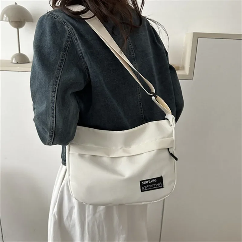 New Fashion Versatile Solid Color Nylon Letter Single Shoulder Bag Zipper Open Messenger Bag Adjustable Shoulder Strap Women Bag