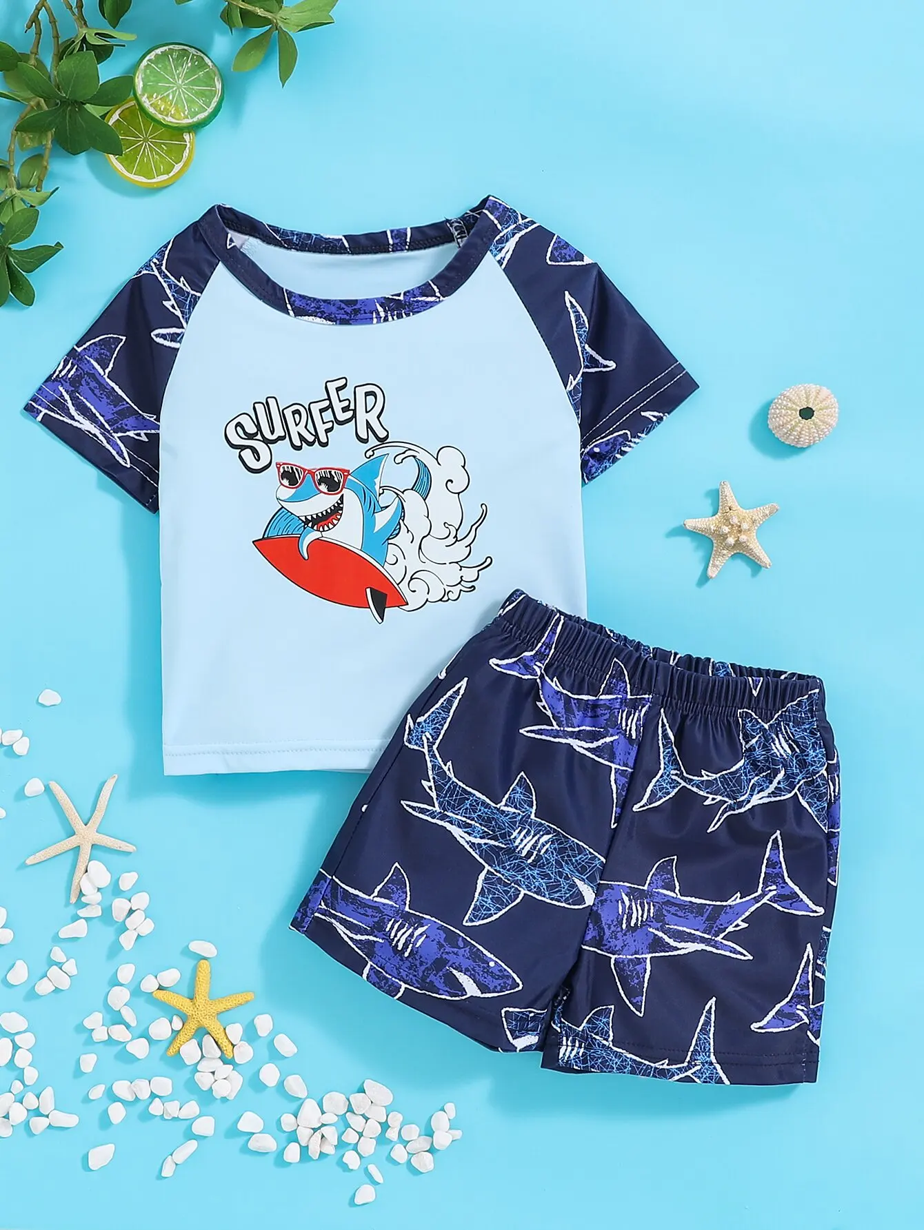 Kids Swimsuits 2pieces Baby Boy Summer Travel Beach Swimsuit Comfortable Soft Breathable Casual Fashion Shark Print Short Sleeve Shorts Set
