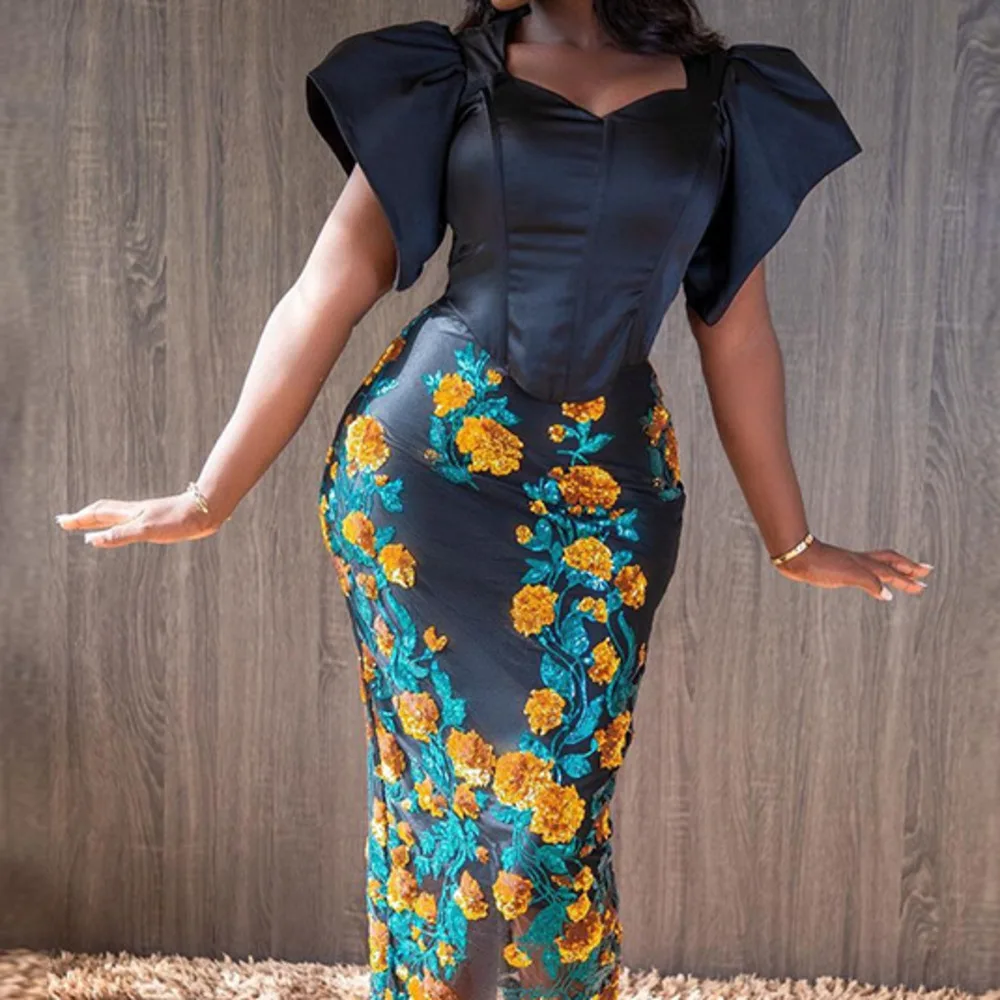 Women's 2024 Summer New Fashion Bubble Sleeves Short Black Top Print Wrap Hip Skirt Set Slim Fitting Women Two Piece Outfits