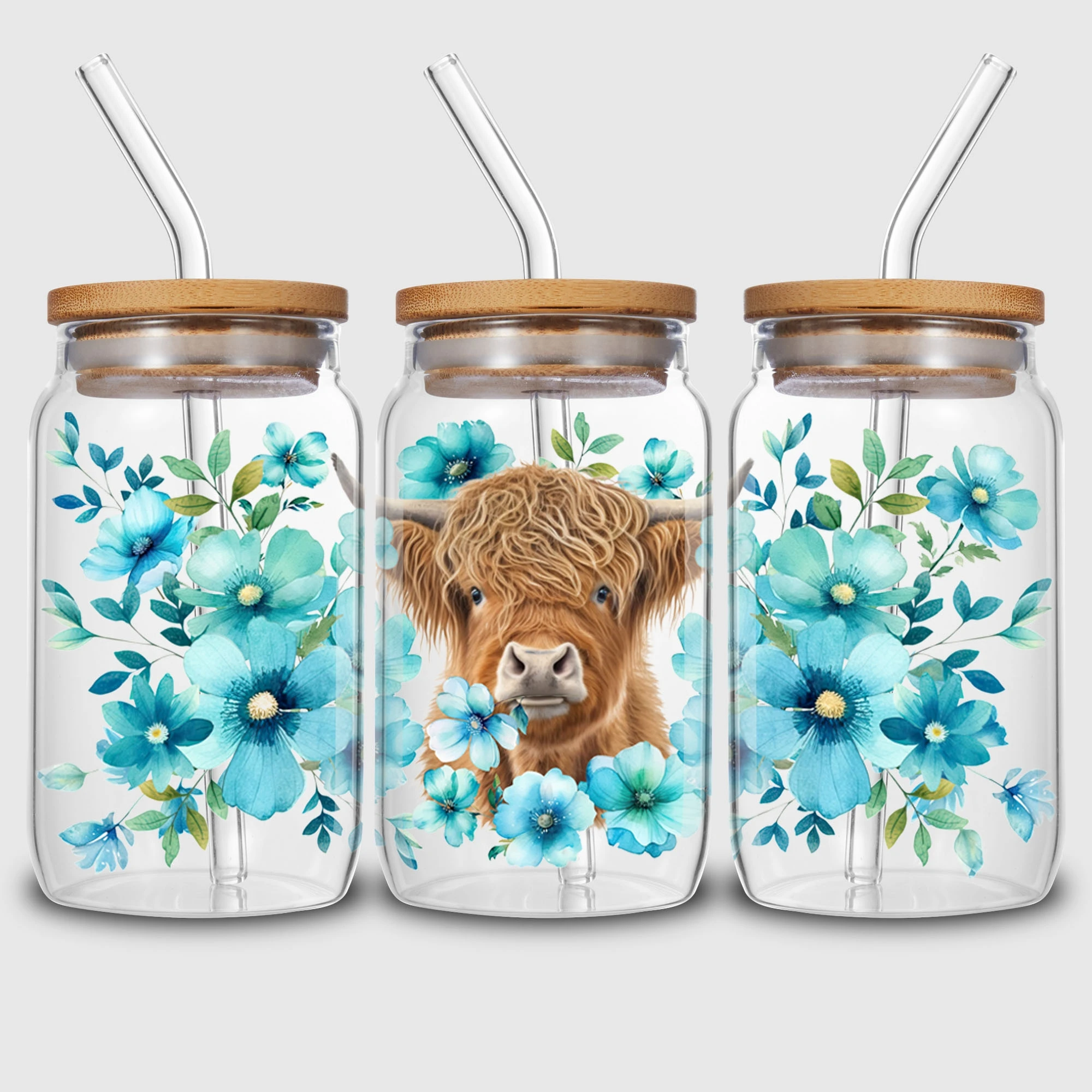Highland Cow UV DTF Cup Stickers 5 Sheets DTF Transfer Stickers Waterproof Funny Cow Wipe-Off Transfer Paper for 16oz Glass