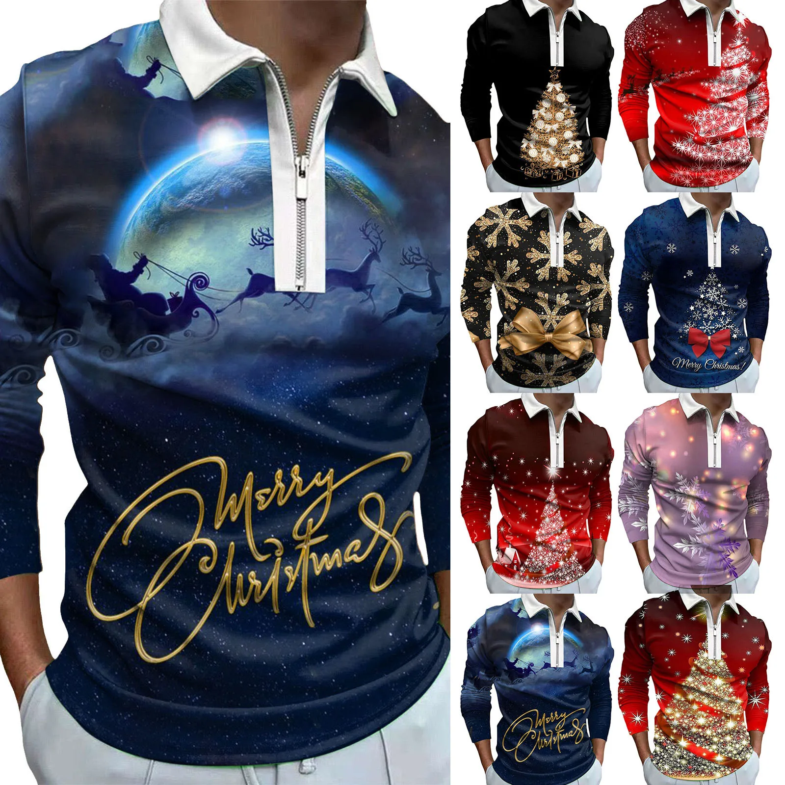 

Mens Christmas Printed Long Sleeved Pullover Zipper Lapel Shirt Tees Vintage