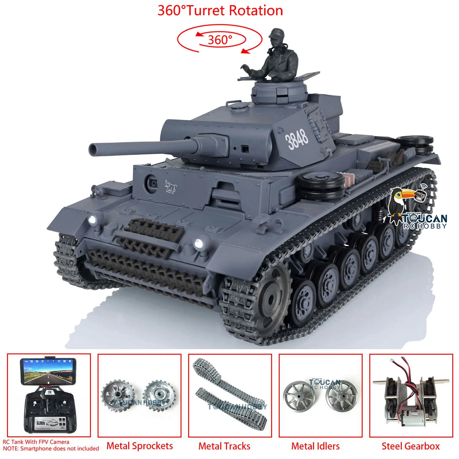 HENG LONG 1/16 스케일 FPV 7.0 Panzer III L RTR 업그레이드 무선 조종 탱크 3848 360 ° 터렛 원격 조종 자동차 TH17344-SMT4