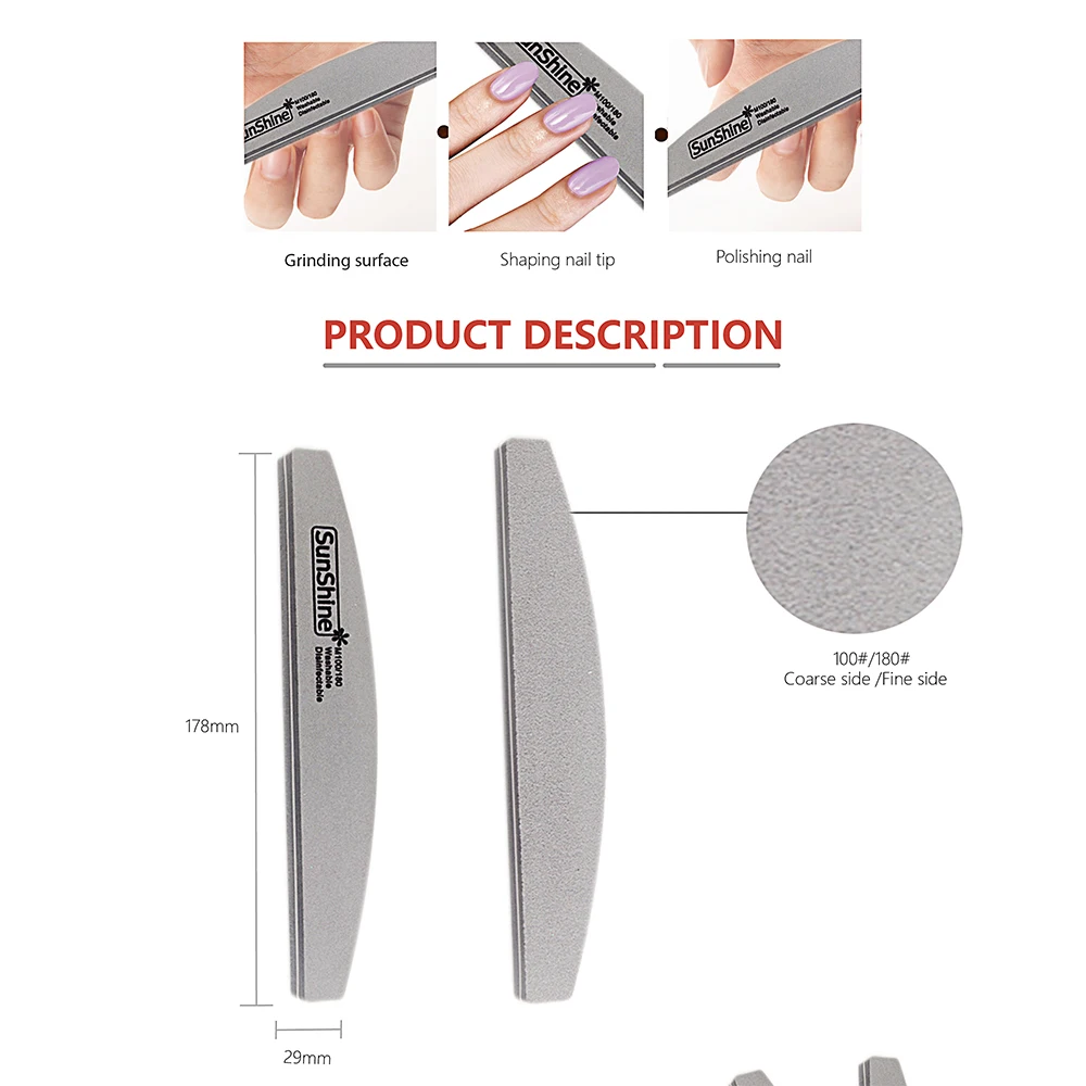 SunShine 10 개/몫 전문 네일 파일 스폰지 파일 하프 문 네일 버퍼 100/180 그릿 연마 그라인딩 매니큐어 네일 도구
